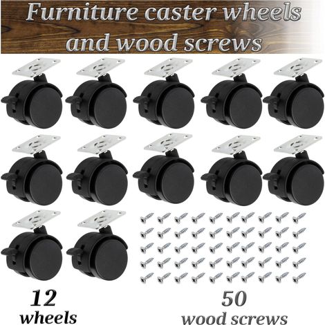 Set di 12 ruote doppie per mobili Ø40, girevoli a 360° con freno + 50 viti per legno Ø4x16 mm e piastra di montaggio 38x38 mm capacità di carico 25 kg (1/4)