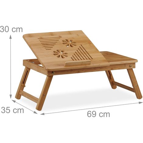 Tavolo per computer portatile regolabile in altezza 70 x 40 x 30 cm con portabevande e supporto reclinabile in bambù naturale 130003750