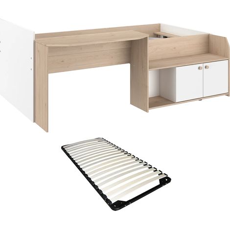 Lit combiné 90 x 190/200 cm - Coloris : Naturel et blanc + Sommier - MIVONA (1/5)