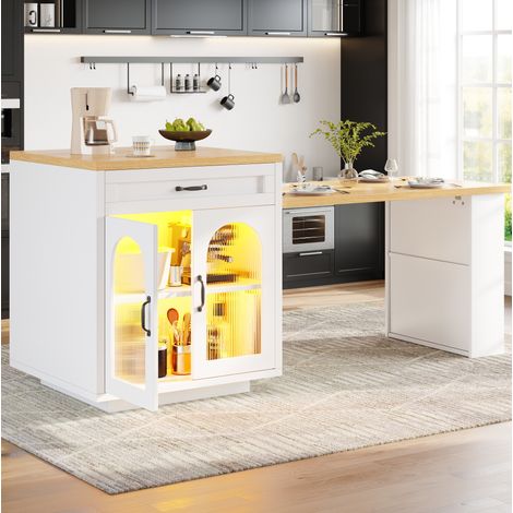 Isola da cucina 126-196x59x94 cm bianca in MDF con LED RGB, 2 cassetti e ripiani regolabili (1/5)