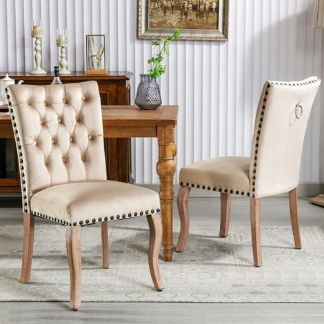 Chaise de salle à manger (chaise de cuisine, chaise de salon avec heurtoir original au dos, lot de 4), chaise rembourrée avec garniture cloutée, pieds en bois massif, revêtement en velours, camel clai (1/5)