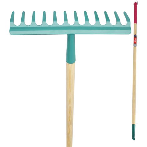 Rastrillo de metal, diseño de 12 púas, mango ergonómico, ligero y versátil para jardinería. (1/5)