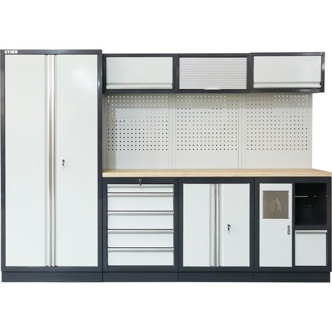STIER Werkstatteinrichtung Basic, 4-teilig, modular, mit Lochwand und Multiplex-Arbeitsplatte, hydraulische Hängeschränke, integriertes Müllfach, BxTxH 2955x460x2000mm (1/5)
