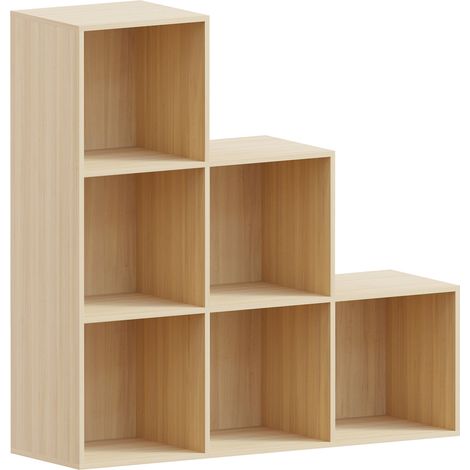 Durham 6 Cube Bookcase Staircase Shelf Wooden Display Storage Rack Free Standing Shelf Unit, Oak-3-White-Baskets