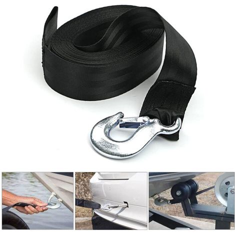 Winkel-Windenhalterung für Boote und Autos mit Haken, Hochleistungs-Windengurt für Bootsanhänger, Bruchlast 10000 lb (5 cm x 6 m) (2" x 20') (Schwarz)