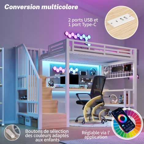 Lit mezzanine 90x200cm,cadre en fer,étagère et grille suspendue,bande LED,bureau,escaliers rangement,2USB+1Type-C,sans matelas,blanc (1/5)
