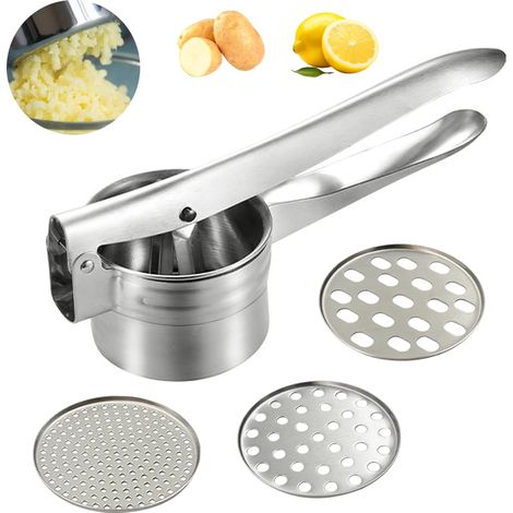 Presse-purée à Pommes de Terre Professionnelle Multifonction pour Fruits, légumes, Aliments pour bébés, en Acier Inoxydable, avec 3 disques interchangeables(Fin, moyen, épais) (1/5)