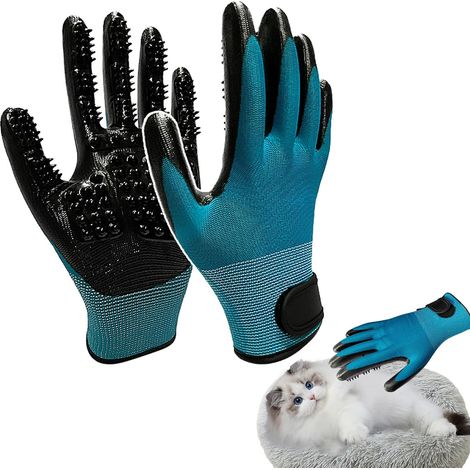 Guantes para el cuidado de mascotas, guantes para el cuidado de gatos, guantes de silicona, cepillo para gatos, guantes de baño y masaje para perros y gatos (azul) (1/5)