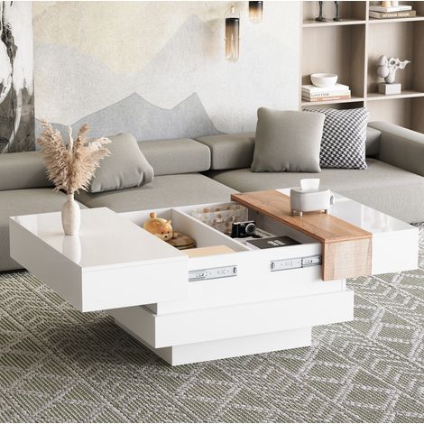 Table basse 70x70x39 cm blanche, extensible, rangement caché, panneau de particules MEUBLIV (1/5)