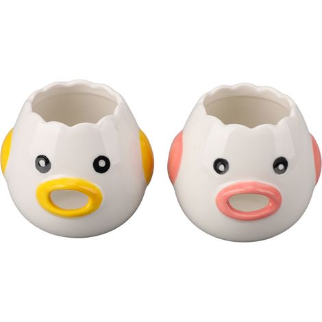 2 separadores de huevos de cerámica con forma de gallina, que filtran la yema y la clara, accesorios de cocina, rosa y amarillo. (1/5)