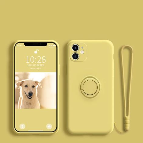 Coque de téléphone en silicone liquide souple (pour iPhone 12 mini jaune) avec support, anneau et dragonne. (1/5)