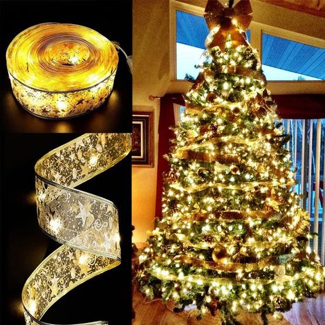 Guirlande lumineuse LED avec bordure dorée et ruban décoratif pour sapins de Noël, mariages, fêtes d'anniversaire, fêtes de famille et autres décorations de fêtes (10 m lumière chaude avec ruban doré) (1/5)
