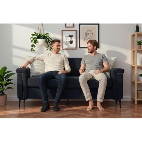 Canapé 2 places 174 cm style scandinave en lin, structure bois massif, pieds fer noir