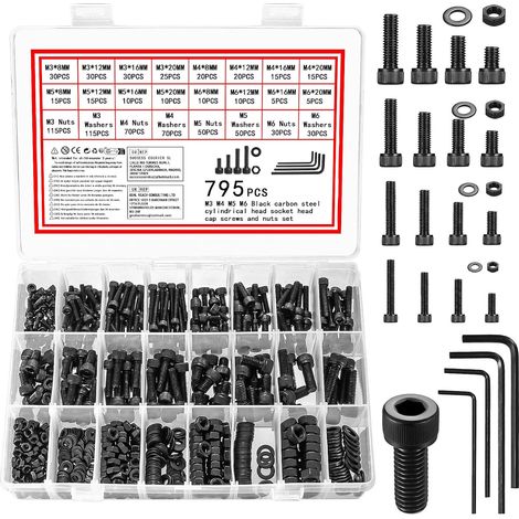 795 Pcs Vis et écrous, M3 M4 M5 M6 Visserie Boulons et écrous, Vis et Boulon et Rondelles Set, Vis à Tête Hexagonale, Assortiment Kit di Boulons Vis à Six Pans Creux pour Réparation, Noirs (1/5)