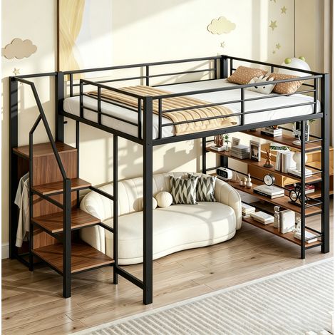 MEUBLIV Hochbett 140x200 cm Schwarz - mit Stauraumtreppe, ohne Matratze (1/5)