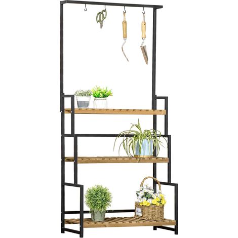 Porte plante suspendue en bois étagère à plantes échelle à fleurs supports de pots porte plante 3 niveaux + barre support avec 4 crochets en métal - 80 x 36 x 174 cm (1/5)
