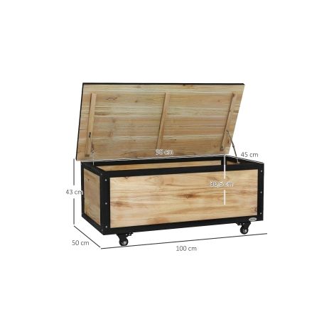 Boîte de rangement en bois 121L avec roulettes, résistante aux intempéries pour balcon et terrasse, finition naturelle (1/5)