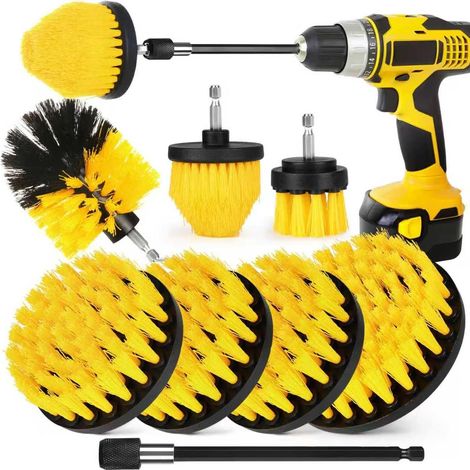 Ensemble de 7 brosses pour perceuse – 6,35 mm (1/4 pouce) – avec tige extensible – Brosse de nettoyage électrique pour salle de bain, carrelage, sol (perceuse non incluse) (1/4)