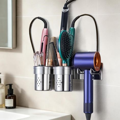 Support Seche Cheveux, 5-En-1 Porte Seche Cheveux Mural Avec Gobelet Inox Amovible, Support Mural Seche Cheveux, Compatible Avec Seche Cheveux, Lisseur, Boucleur, Etc.(Argent) (1/5)