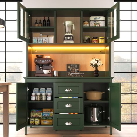 Meubles de cuisine hauts 120x40x179 cm, buffets avec portes vitrées brun et éclairage LED intégré, couleur verte – cuisine moderne (1/4)