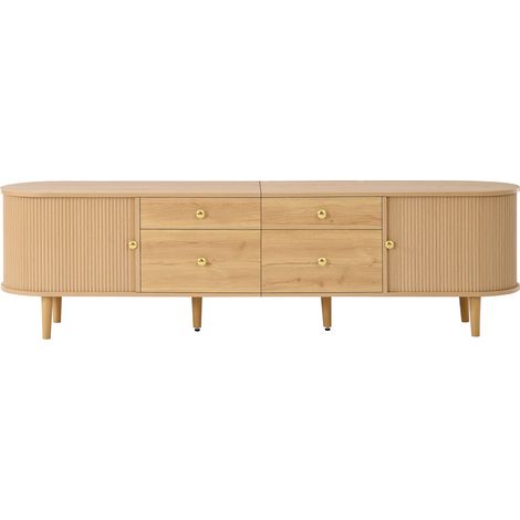 Mueble TV de MDF y aglomerado, puertas correderas onduladas, 4 cajones, 180 x 35 x 50 cm, natural (1/5)