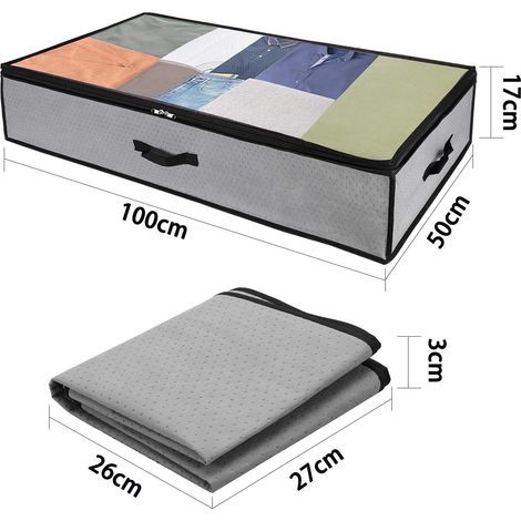 Sac de Rangement Vetement Lot de 2, Rangement sous Lit Grande Non-Tisse Sac Boîte Tissu Poignee pour Couette Vetements Edredons Couvertures Oreillers Jouets (50x 100 x 17 cm), Gris- (1/3)