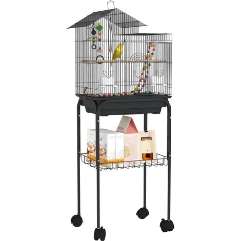 Gabbia per Uccelli con Piedistallo 46x36x120 cm Ruote Girevoli Ripiano e Accessori Nero (1/5)
