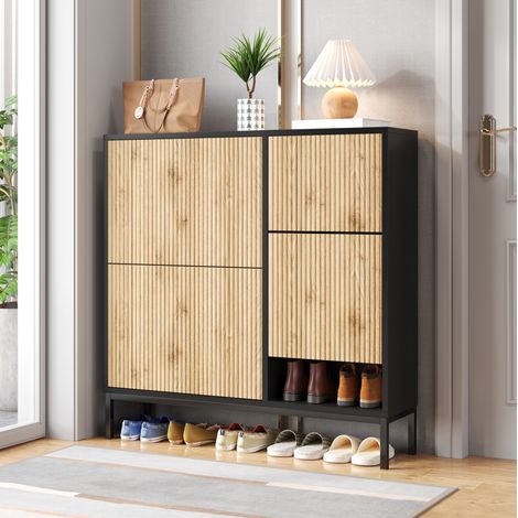 Zapatero con banco abatible, 3 puertas abatibles, 100 x 25 x 100 cm negro y madera HAVRYA (1/5)