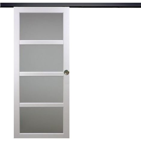 Porte Coulissante Tana Blanc Vitrée H204 X L63 + Rail Alu Bandeau Noir Et 2 Coquilles