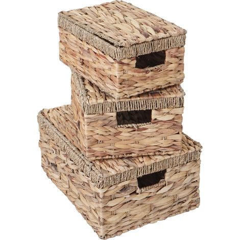 3er Set Aufbewahrungsbox HHG-209, Truhe Kiste Box mit Deckel, Wasserhyazinthe naturfarben