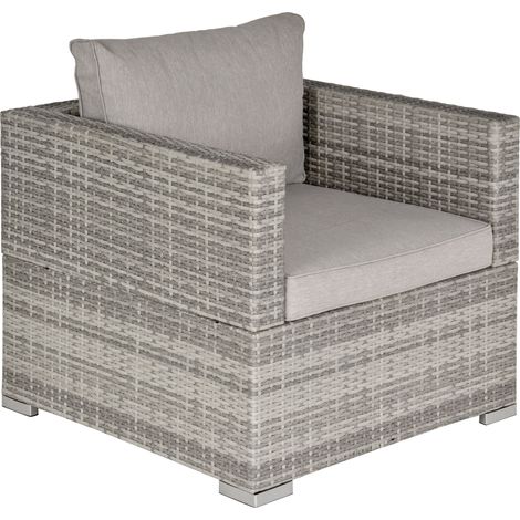 Single Seater Rattan Chair Sofa with Padded Cushions, All-Weather PE Wicker Weave Garden Armchair with Armrests, Grey