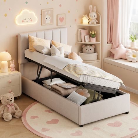 Lit coffre 90×200cm, lit capitonné, tête de lit réglable, lit enfant simple, rangement hydraulique, grande capacité, style moderne, sommier à lattes, lit ado, Lin, Beige (1/5)