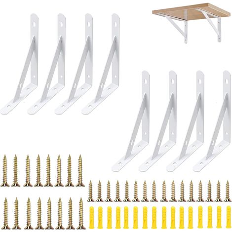 8 Pcs Equerre Etagere Murale Blanche 25cm Équerre Triangulaire Support Etagere Murale en Fer blanche avec Vis pour étagère déco cuisine chambre meubles suspendus placard (Charge 30kg) (1/5)