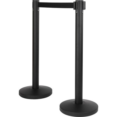 SET de 2 Poteaux d'accueil noir avec corde rétractable - 8,5 kg - Sangle de 190cm - Base 32x92 - Securit