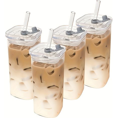Lot de 4 tasses carrées en verre avec couvercles — Capacité de 13 oz — Idéales pour le café — Pailles incluses — Sans BPA (1/5)
