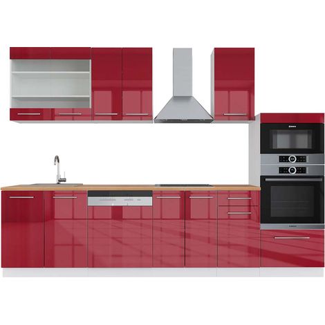 Cuisine Fame-Line, Bordeaux haute brillance/blanc, 300 cm avec armoire haute, PT Chêne, Vicco