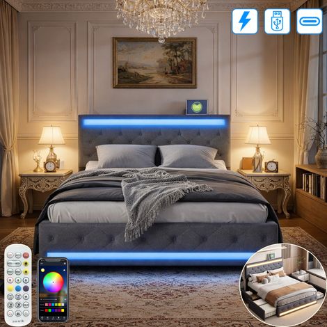 Lit 160x200 cm avec sommier à lattes, Lit double avec 4 tiroirs de rangement et Lumières LED, Lit adulte avec Charge USB et Type-C, avec tête de lit réglable, lin, gris (1/5)