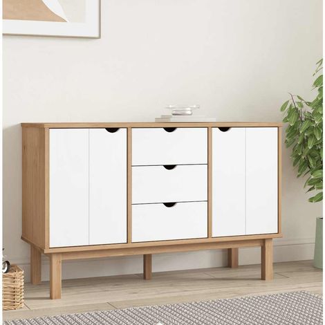 Buffet 3 tiroirs et 2 compartiments avec portes marron et blanc 113,5 x 43 x 73 cm en pin massif - PANGIVO (1/5)