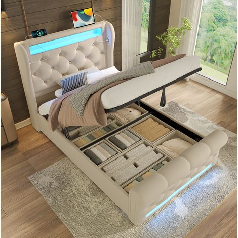 Letto con contenitore in velluto beige 90x200 cm con LED, USB e Type-C, rete inclusa (1/5)