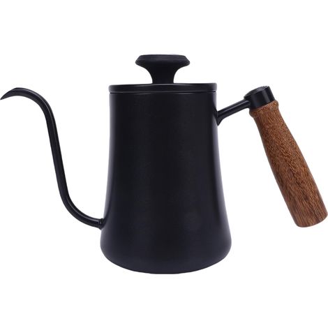 Caffettiera da 600 ml, realizzata in acciaio inox 304, con termometro, manico in legno e beccuccio lungo, colore nero. (1/5)