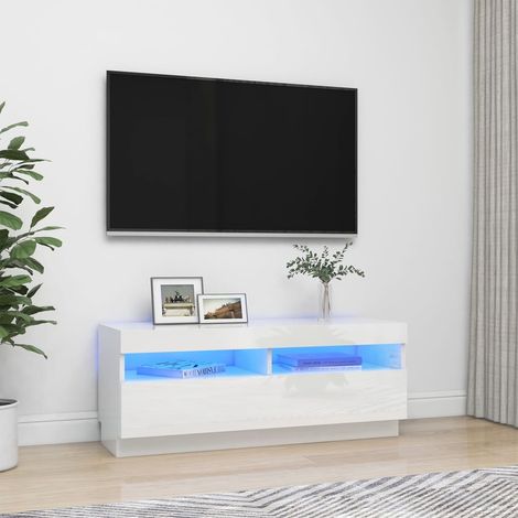 Meuble TV avec LED-Banc TV-Meuble Télé avec lumière LED blanc brillant 100x35x40 cm 762922 (1/5)