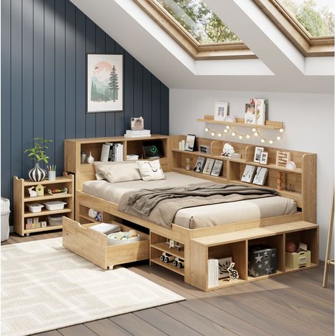 Lit enfant 90/200 cm naturel en contreplaqué multifonctionnel avec rangements (1/5)