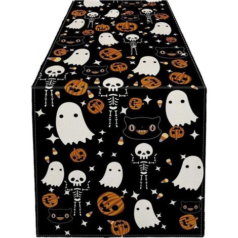 Nappe d'Halloween avec squelette effrayant et citrouille, en toile de jute, pour la maison, la cuisine et les fêtes d'intérieur et d'extérieur. (1/5)