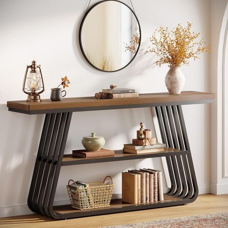 Tribesigns Table Console de 140 cm avec étagères, Console de Couloir à 3 Niveaux, Bout de Canapé avec Structure en Fer, Table d'entrée en Bois pour Salon, Hall d'entrée, Couloir, Style Industriel