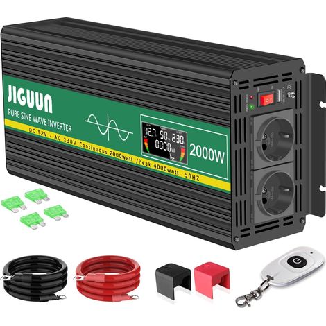 2000W/4000W Convertisseur 12V 220V Pur Sinus Onduleur transformateur avec Télécommande sans Fil Écran LCD 2 Prises EU 1 Port USB pour Voiture Camping Voyage Urgence (1/5)