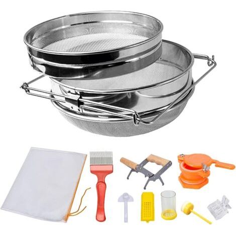 Kit d'outils d'apiculture avec filtre à miel, ensemble de 9 pièces, filtre à miel en acier inoxydable à double tamis à miel, porte à miel, poignées de cadre, fourchettes non fermées, tubes marqueurs Q (1/5)