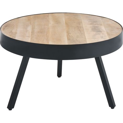 Mesa de centro de madera de mango clara metal negro base trípode bordes elevados Wakita