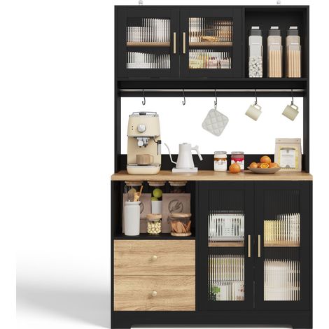 Armoire de cuisine haute 178 cm, buffet noir avec aspect bois, vitrine en verre trempé et prises intégrées (1/5)