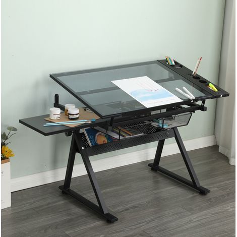 Tavolo da disegno regolabile 98x60x69-91 cm in vetro temperato nero con sgabello (1/5)