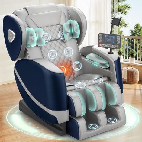 Fauteuil de massage avec 14 rouleaux, 8 coussins d'air et fonction zéro gravité – haut-parleur Bluetooth, écran tactile, support pour téléphone, chauffage lombaire et des jambes, bleu-gris